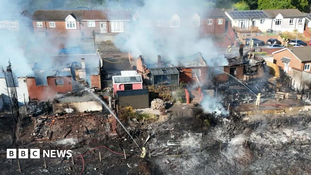 Aerial view of fire-damaged homes in Newbridge Wales