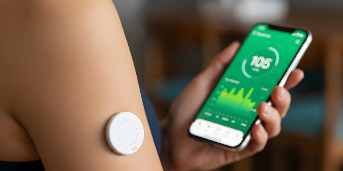 Diabetes monitoring device on an upper arm and a phone showing a glucose reading