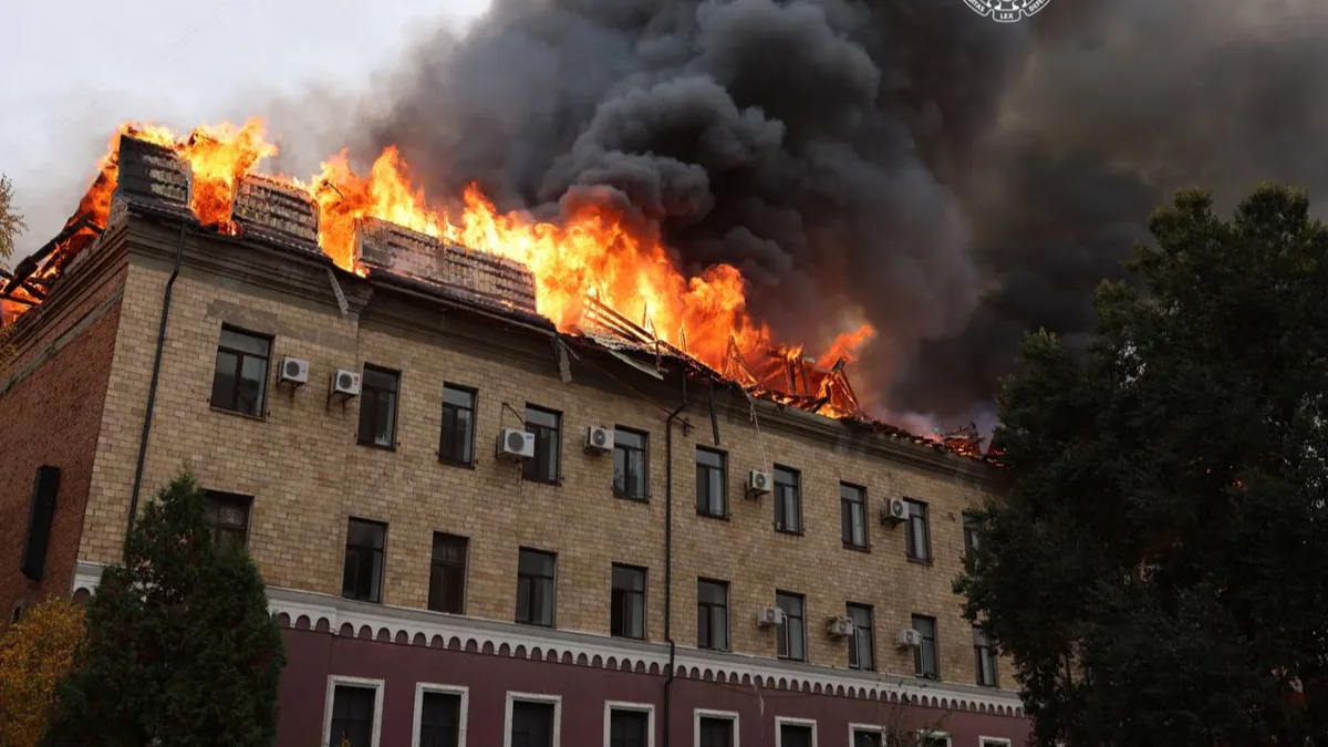 Damaged buildings in Kharkiv's Osnovianskyi district after Russian drone strikes