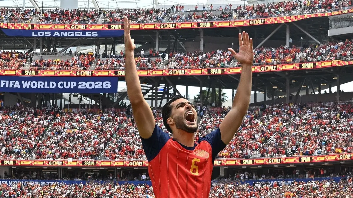 Mikel Merino celebrates World Cup quarterfinal goal Spain vs Belgium 2026