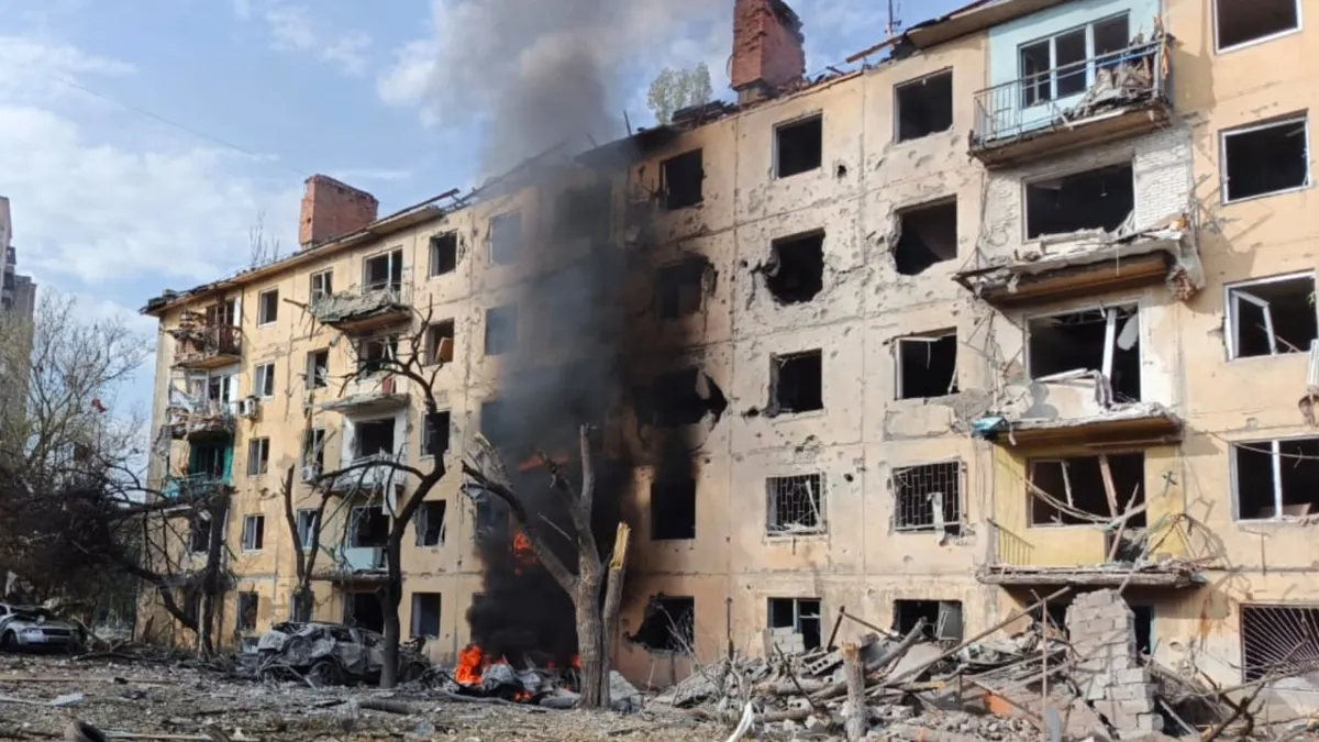Damaged residential buildings in Kramatorsk after Russian shelling