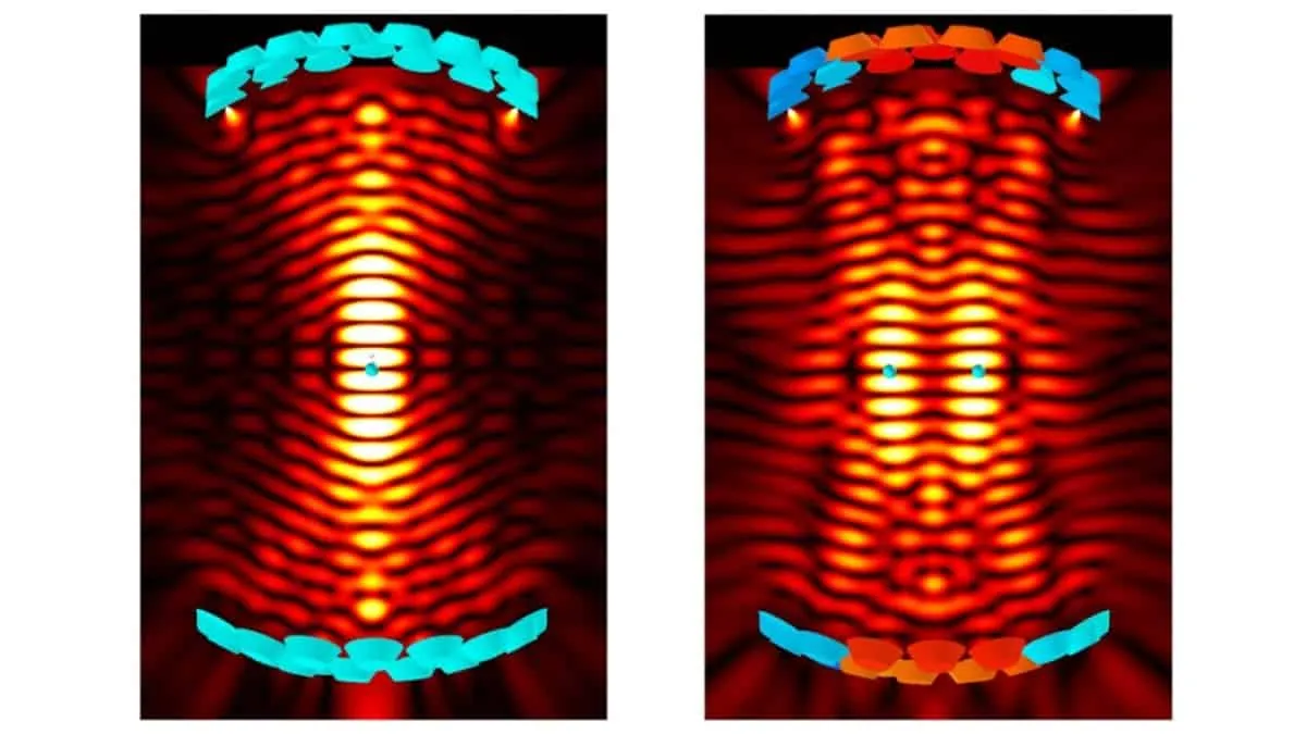 Simulation of the MultiLev acoustic levitator holding two particles separately and together