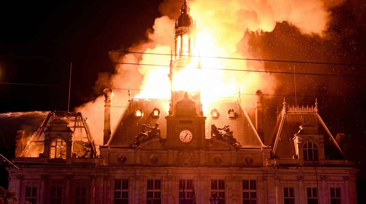 Burning city hall of Limoges during nationwide protests in France
