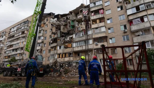 Damaged residential building in Kyiv after Russian missile strike on July 6, 2026