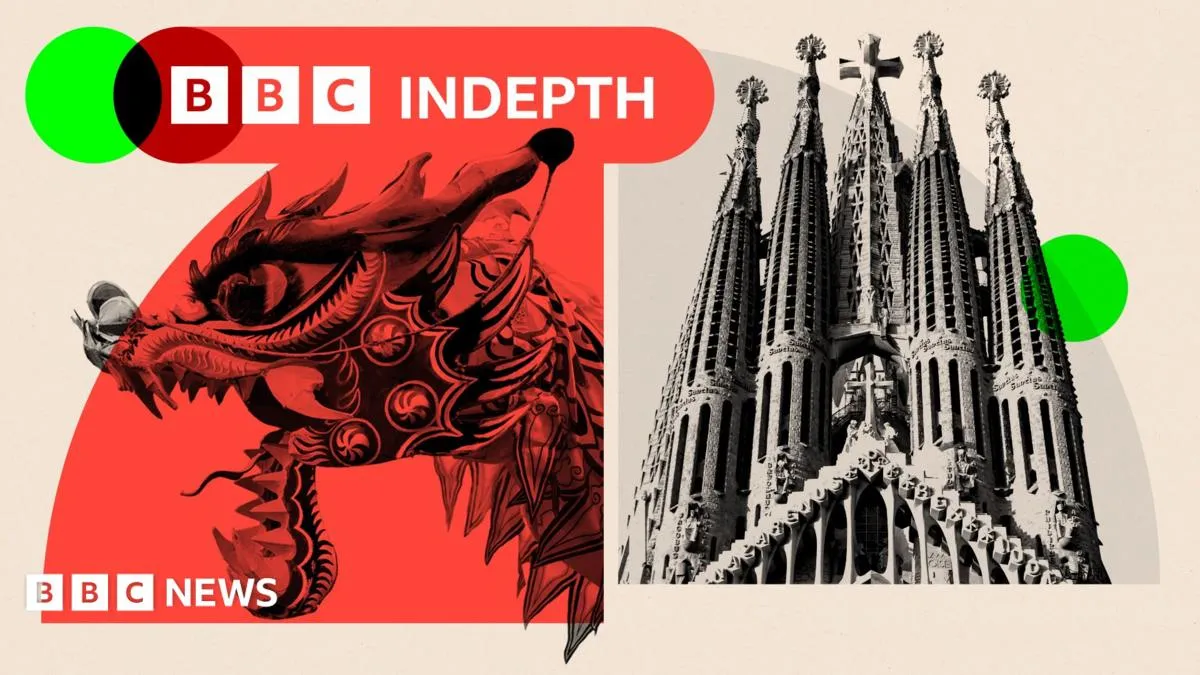 Composite image of a Chinese dragon head and the Sagrada Familia in Barcelona
