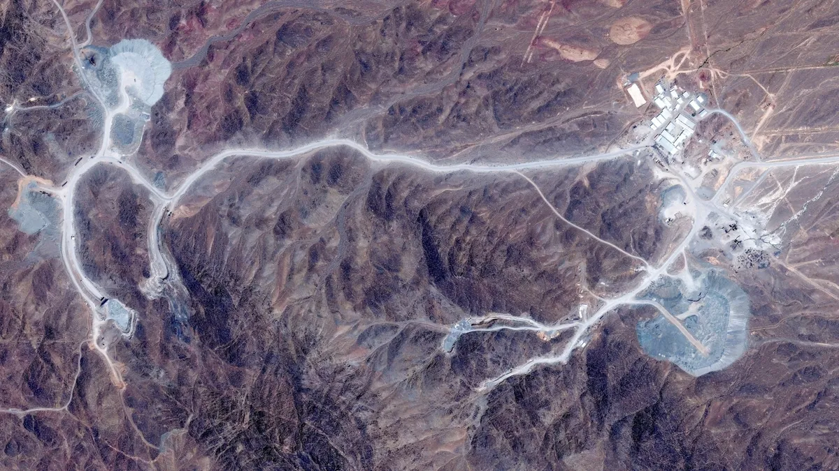Satellite view of tunnel entrances at Pickaxe Mountain, Natanz nuclear facility, Iran
