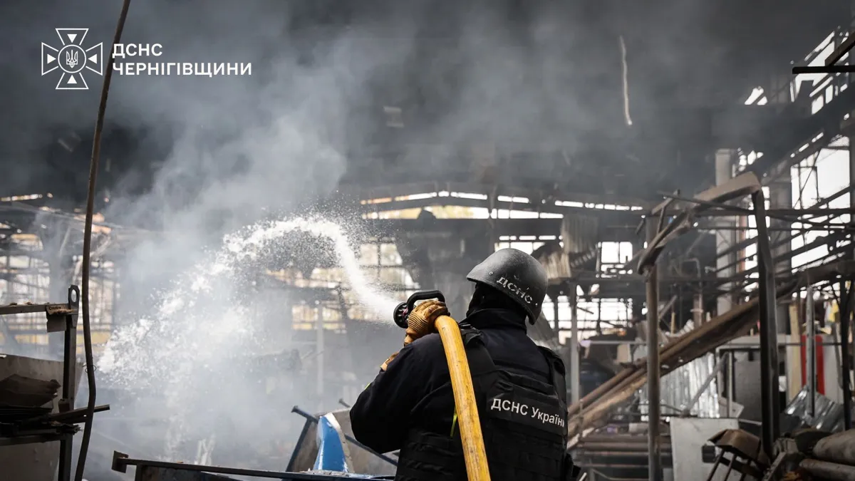Emergency services at a business site in Chernihiv after a Russian strike