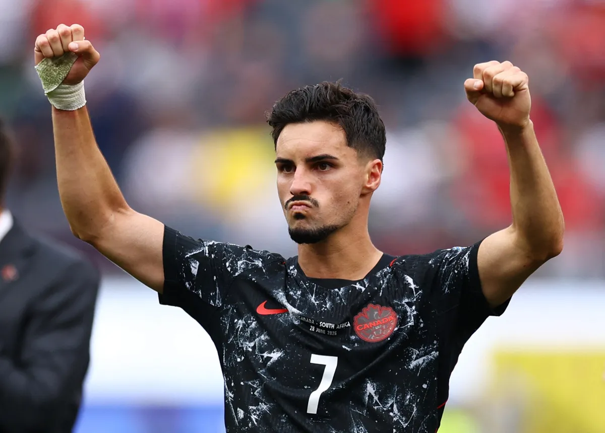 Stephen Eustaquio of Canada celebrates after scoring the winning goal against South Africa at World Cup 2026