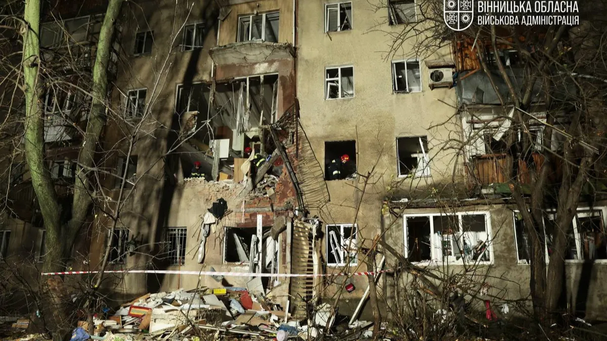 Damaged five-storey residential building in Vinnytsia after a drone strike