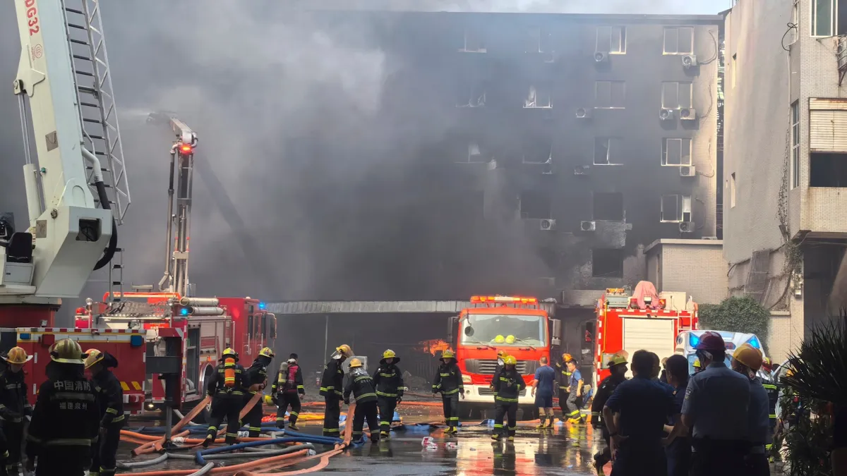 Firefighters at the scene of the Huiteng shoe factory fire in Jinjiang, China