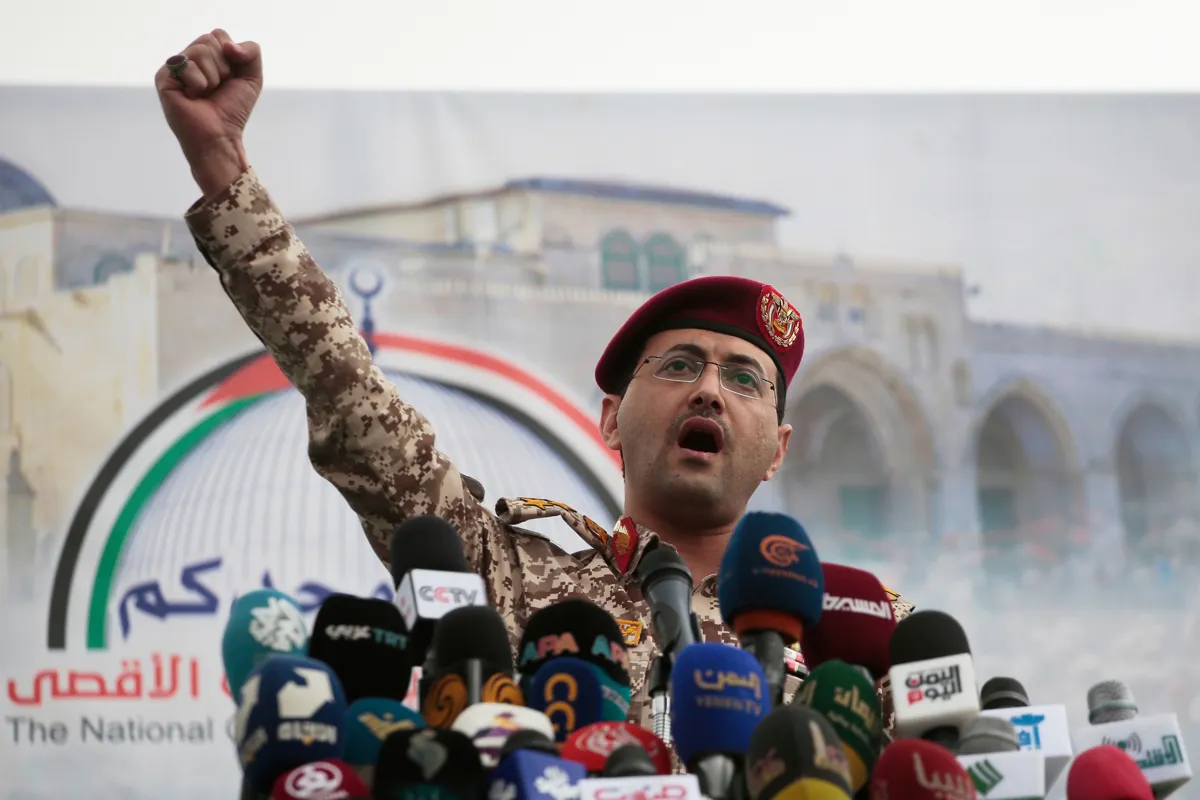 Houthi military spokesman Yahya Saree at a rally